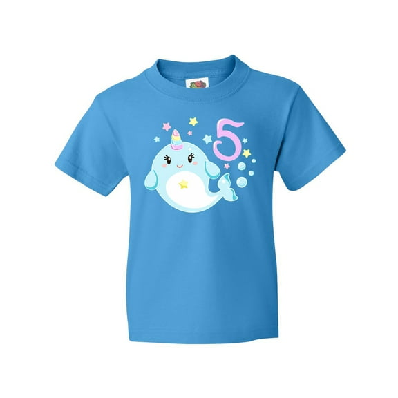 Inktastic Happy 5th Birthday with Cute Narwhal Stars and Bubbles Youth T-Shirt