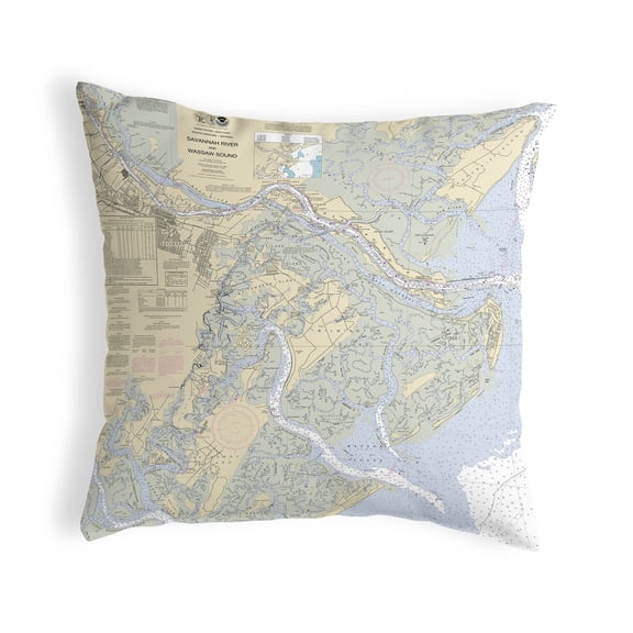 Betsy Drake Interiors Savannah River and Wassaw Sound, GA Nautical Map Noncorded Indoor/Outdoor Pillow 18x18