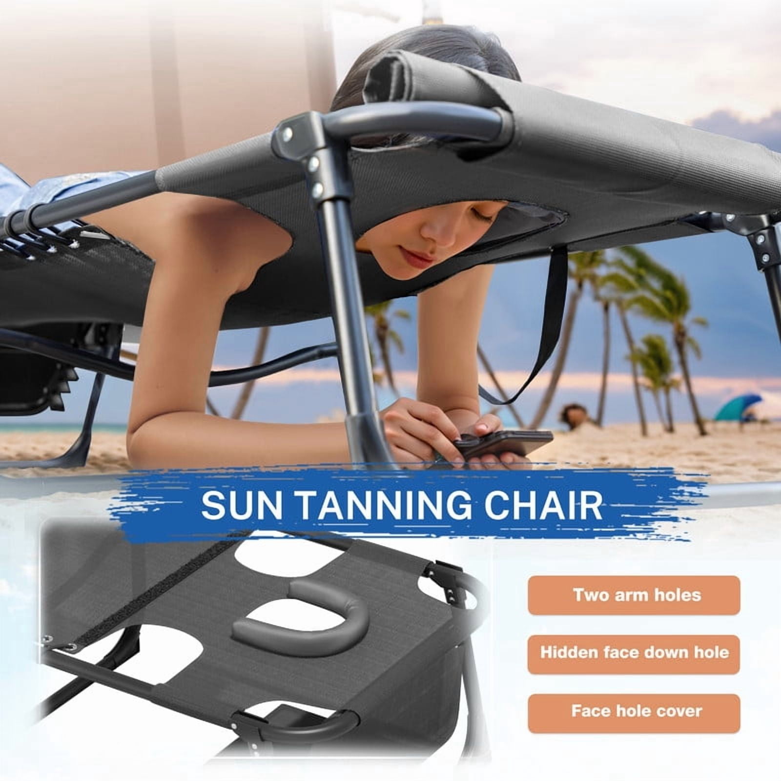Vineego Folding Chaise Lounge Chair with Face Hole for Tanning, 5-Position Adjustable Textilene Outdoor Sunbathing Chair, Face Down Patio Pool Lounge Chair with Side Pocket & Pillow, Gray
