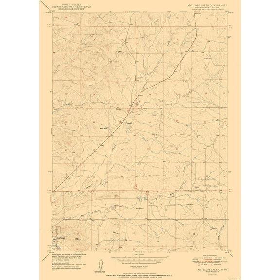 Topographical Map - Antelope Creek Wyoming Quad - USGS 1950 - 23 x 31.97 - Vintage Wall Art