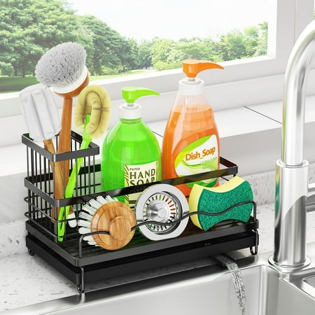 Godboat Kitchen Sink Organizer - Sink Caddy with Dish Brush Holder, Sponge Holder with Auto-Drain, 360° Swivel Spout, Sink Drying Rack