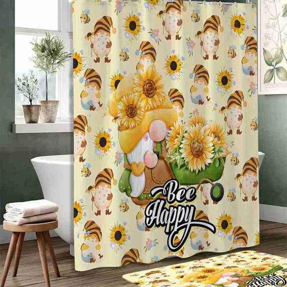 70x70 inch Bee Happy Gnome with Sunflowers and Wheelbarrow Shower Curtain, Waterproof Polyester Fabric with Hooks for Bathroom Decor