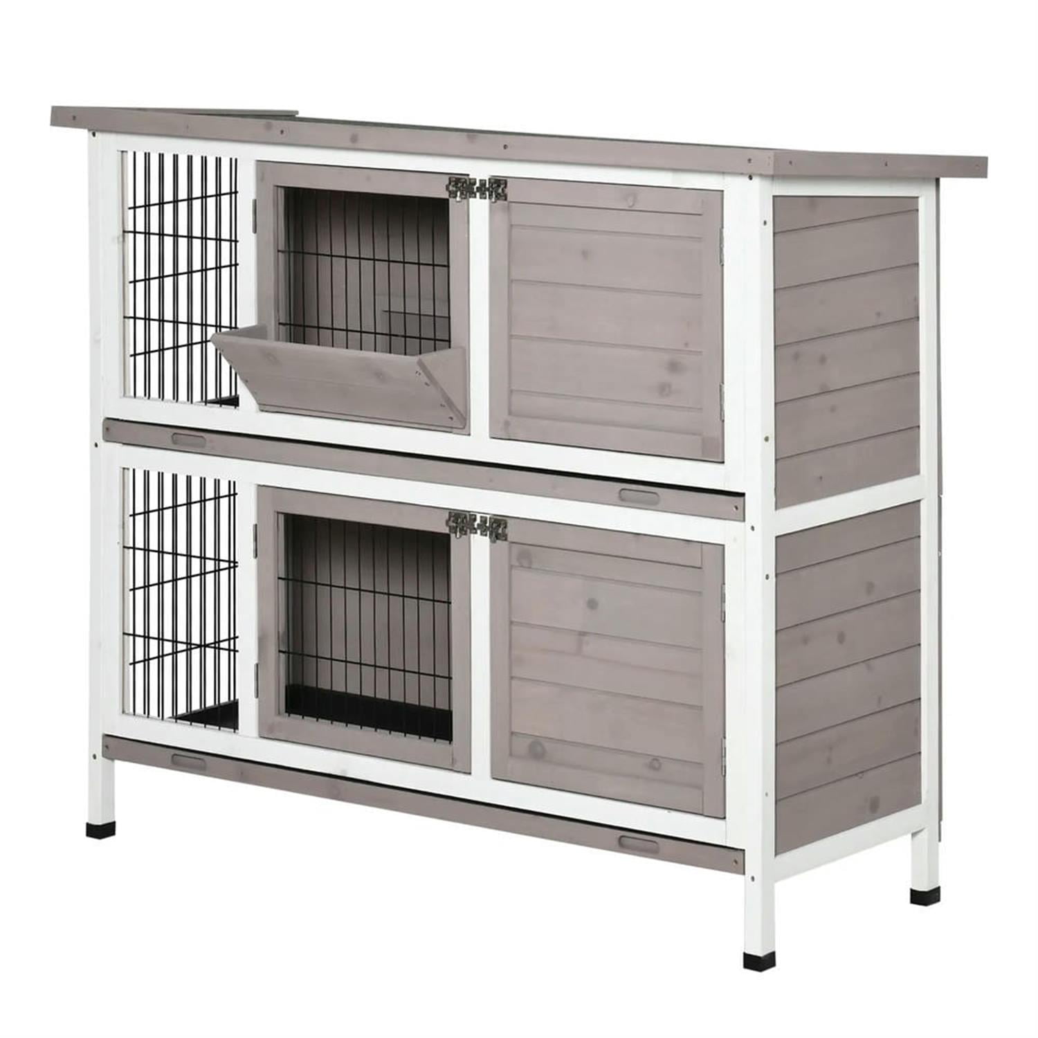 Kadyn 48" 2-Story Wooden Rabbit Hutch with Slide-out Tray, Outdoor Small Animal Habitat Enclosure Bunny Cage for Bunnies, Guinea Pigs, Gray