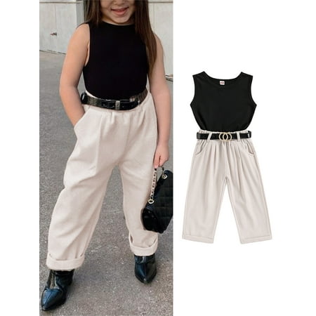 

Ma&Baby Little Kids Girls Summer Clothes Set Sleeveless Tank Tops Pants with Black Waist Belt 3Pcs Suit 7-9 Years