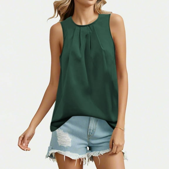 ITSAME Womens Tank Tops, Pleated Round Neck Sleeveless Loose Fit Summer Casual Cami Tees Army Green S