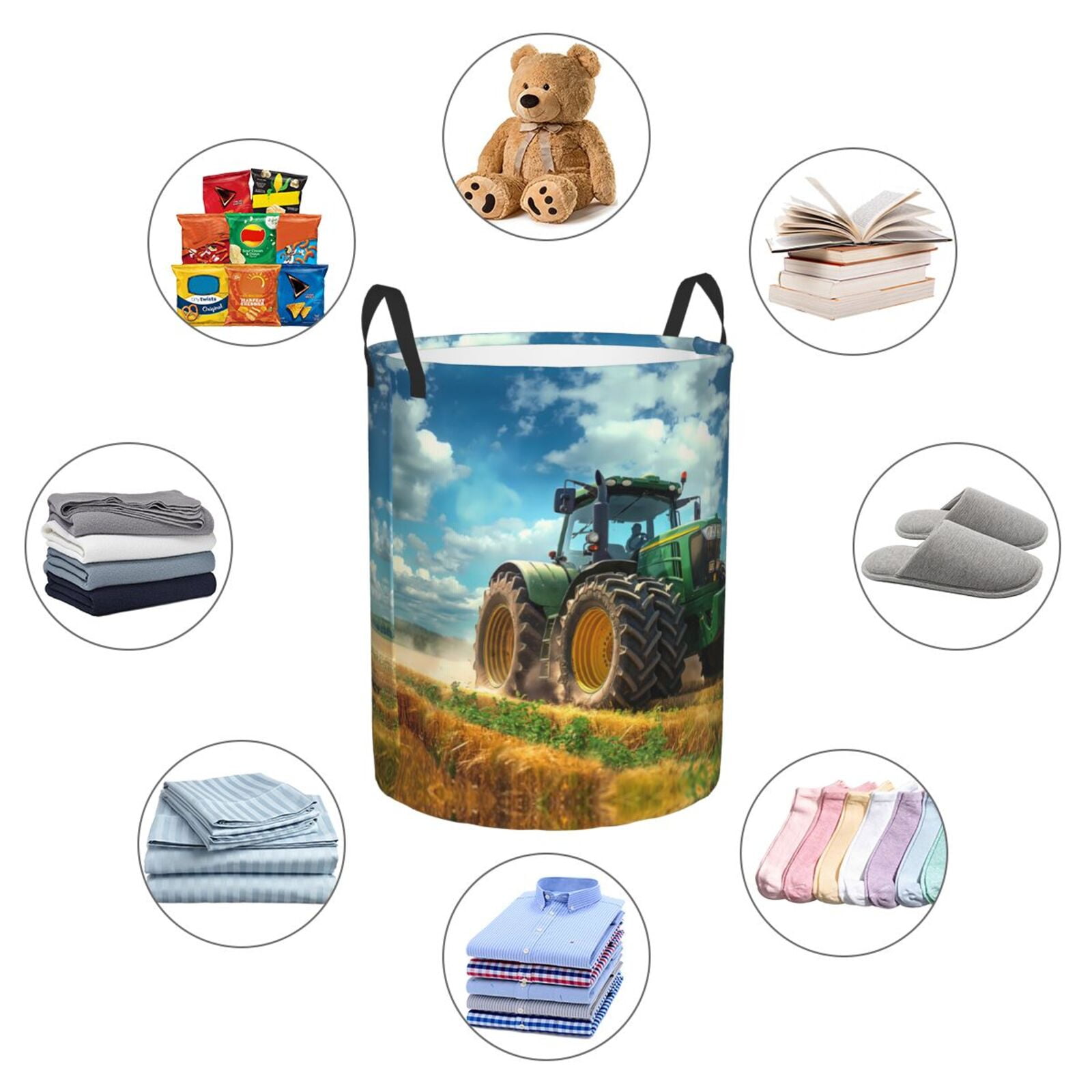 Large Laundry Basket with Handles - Green Tractor Field Kids Baby Dirty Clothes Laundry Hamper for Bedroom Aesthetic