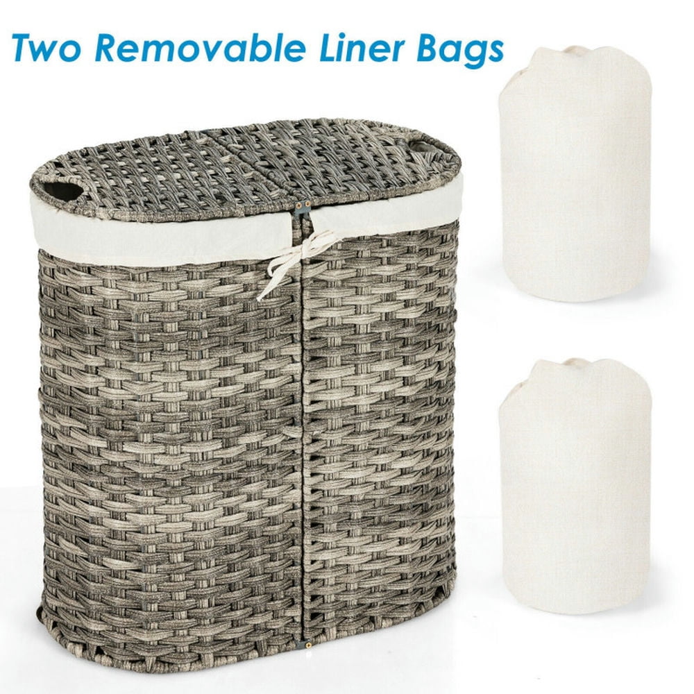 Finihen Laundry Hamper, Laundry Basket, Handwoven Laundry Hamper Basket with 2 Removable Liner Bags, for Bathroom, laundry Room, Gray Finihen Laundry Hamper, Laundry Basket, Handwoven Laundry Hamper Basket with 2 Removable Liner Bags, for Bathroom, laundry Room, Gray