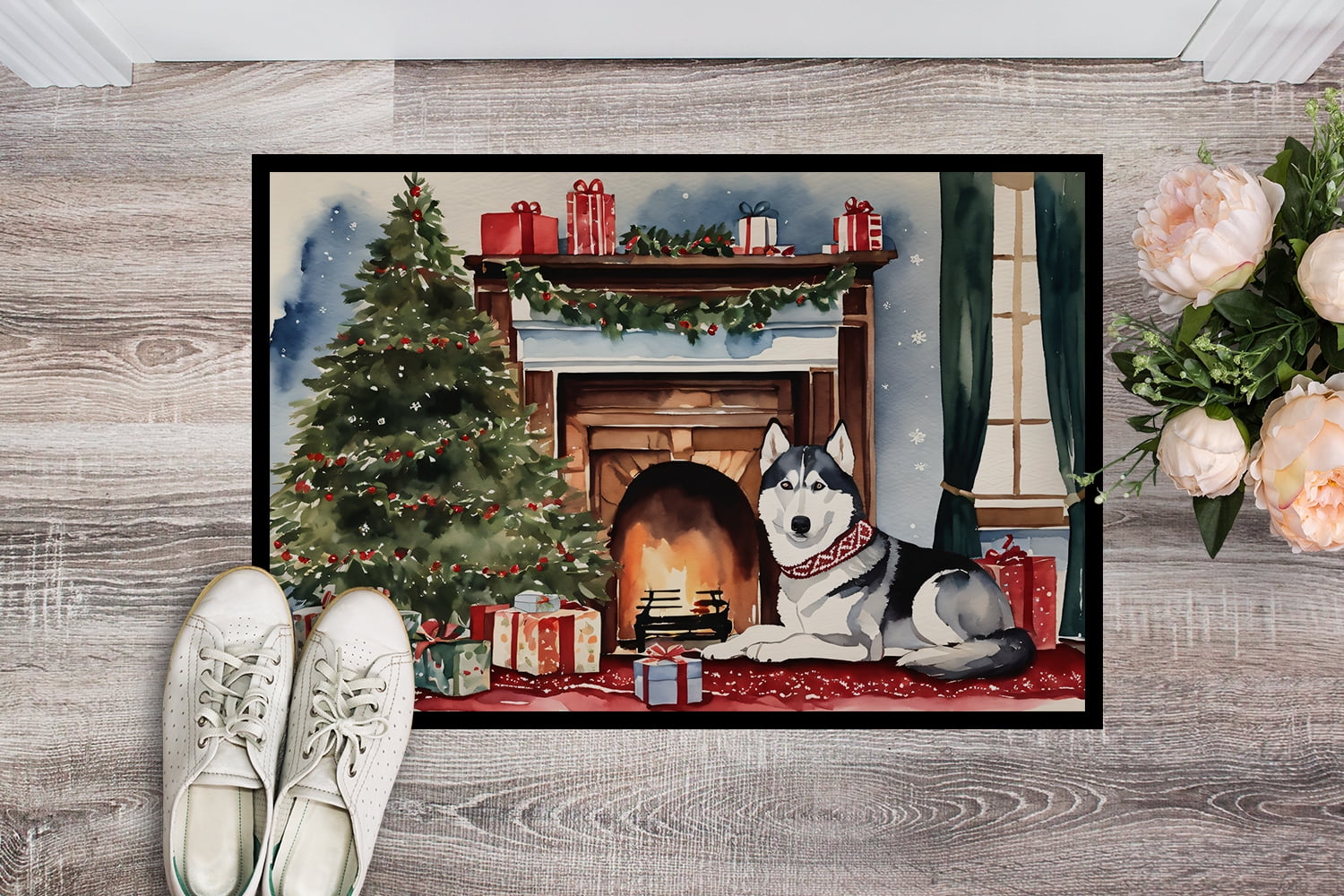 Carolines Treasures DAC2754MAT 0.15 x 18 x 27 in. Siberian Husky Cozy Christmas Doormat