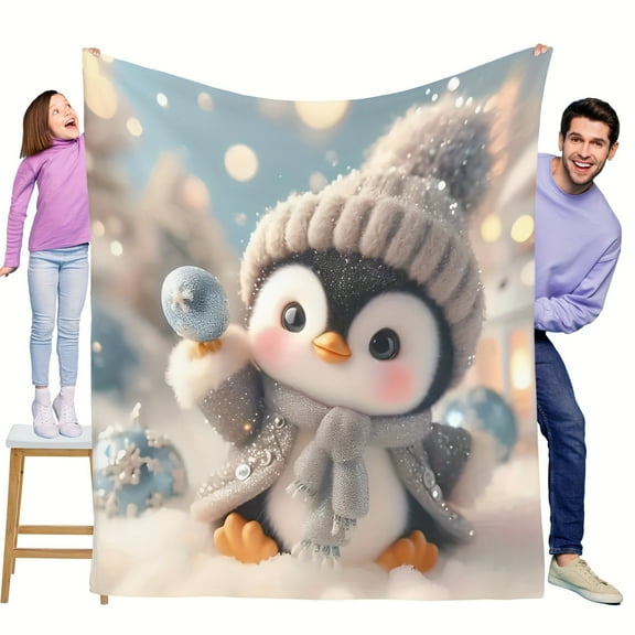 Christmas Snowy Little Penguin With Hat Cute Fun Print Flannel Blanket Soft Warm Cozy Blanket For Sofa Bed Car Camping Office Home Decor Gift Blanket For All Seasons