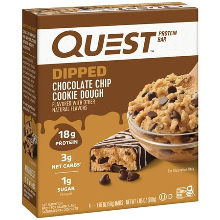 Quest Dipped Protein Bars, 18g Protein, Gluten Free, Chocolate Chip Cookie Dough, 4 Count