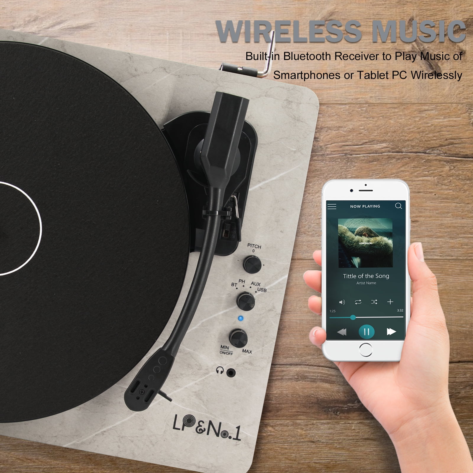 LP&NO.1 Record Player Bluetooth Turntable with Built-in Speakers