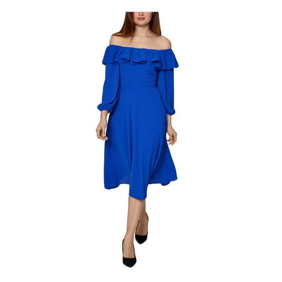 BCBGeneration Womens Blue Stretch Ruffled Long Sleeve Midi Evening Fit + Flare Dress 0