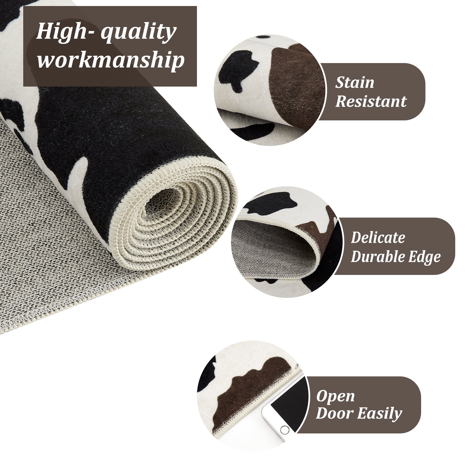 Tzou Cow Print Runner Rugs 2' x 6' – Modern Washable Low Pile Throw Rug with Non-Slip Backing, Stain-Resistant Soft Floor Carpet for Living Room, Bedroom, Kitchen (Machine Washable)