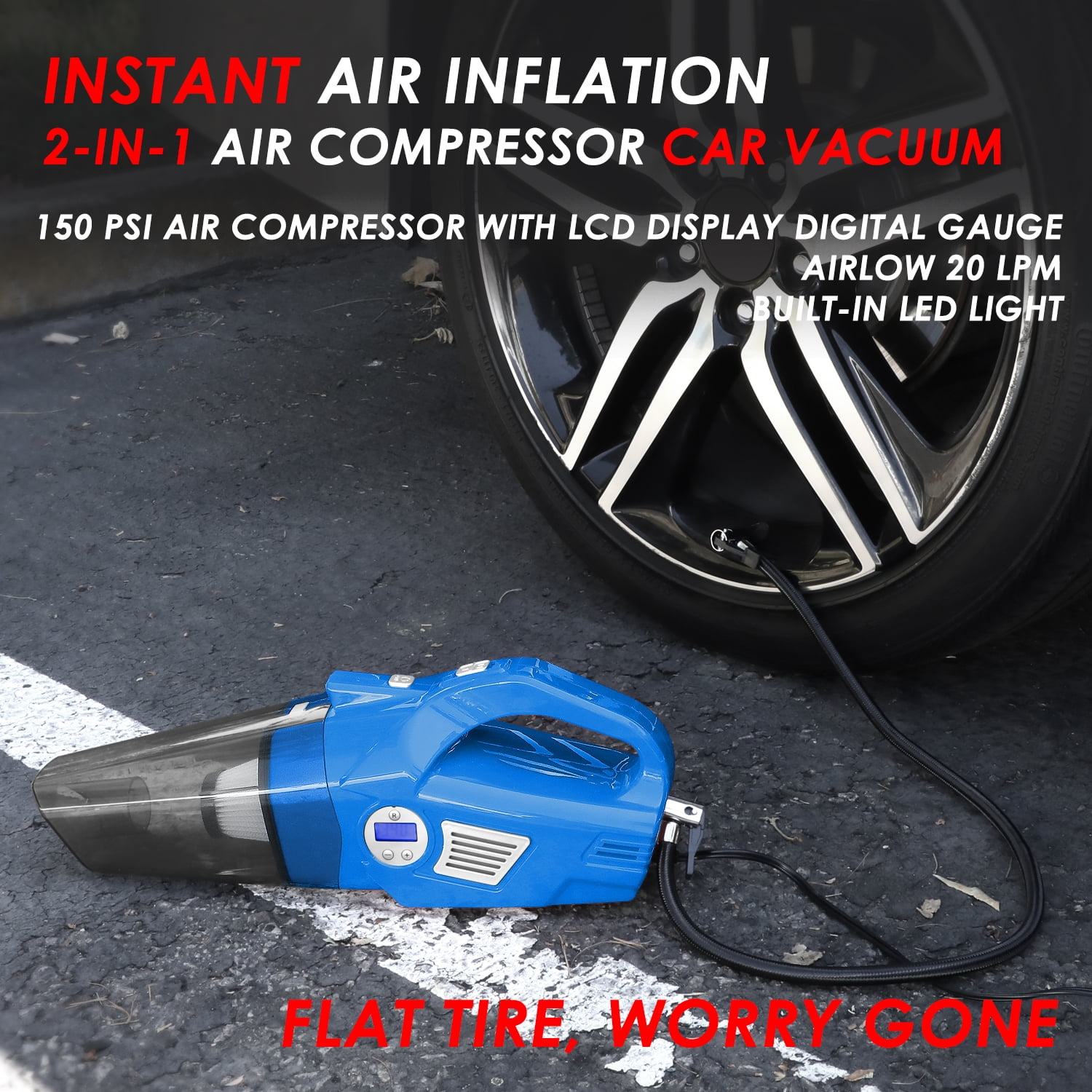 DNA Motoring WMT-TOOLS-00183 12V, 70W, 2 IN 1 Portable Handheld Car Mini Corded Vacuum Cleaner, Blue