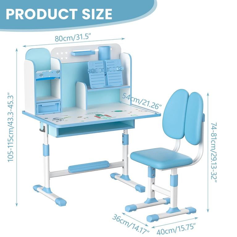 YNCE Kids Functional Desk and Chair Set, Ergonomic Height Adjustable Children School Study Desk with Book Stand, Storage Drawer and Metal Hook for Boys Girls