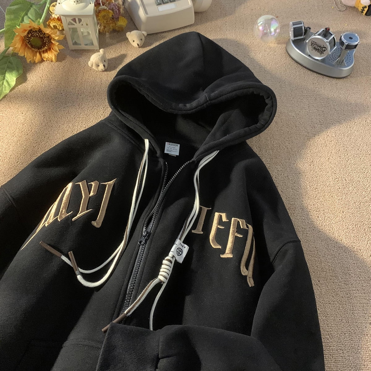 Mainly Recommended Spring Heavily Embroidered Cardigan Hooded Sweatshirt Zipper Jacket Black 2Xl