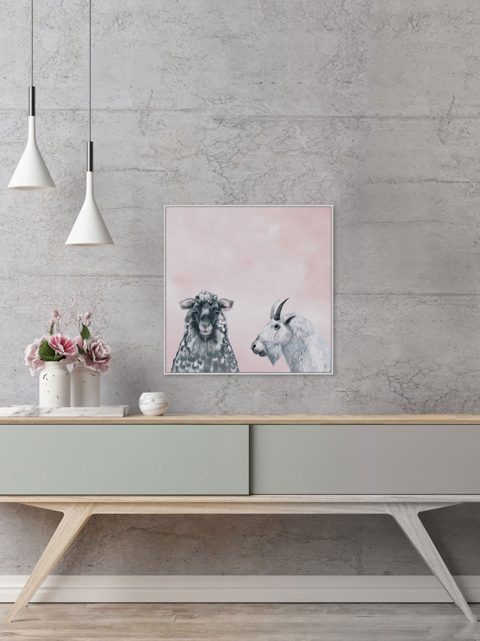 Black and White in Blush Floater Framed Painting Print on Canvas