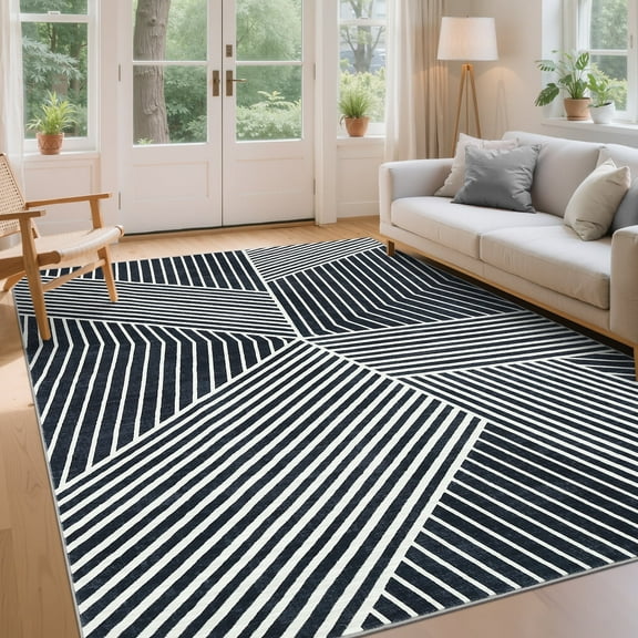 Garvee 8'x10' Modern Geometric Area Rug Striped Rugs for Living Room, Machine Washable Rugs Soft Non Slip Non Shedding Carpet Indoor Low Pile for Bedroom Dining Room Office, Black