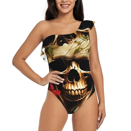 Gukieu Butterfly Flower Plant Skull Print One-shoulder Ruffled One-piece Swimsuit with Removable Chest Pads and Tummy-control Swimsuit for Women-XX-Large