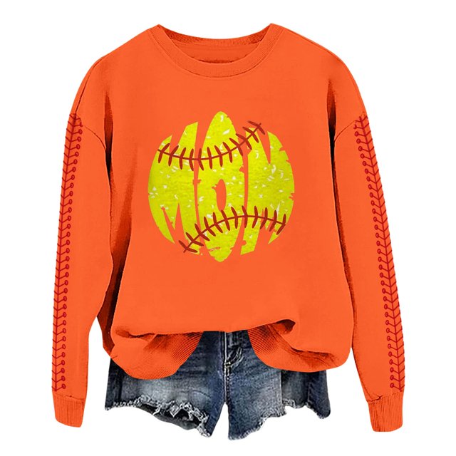Pavied Chandails à Col Rond pour Femmes, Chandails Graphiques, Chandail de Baseball pour Femmes,Udadera Para Mujer, Haut Décontracté à Capuche Imprimé Baseball de Printemps pour Femmes, Hauts d'Entraînement Orange 1 L