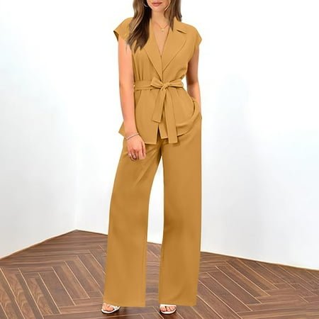 Xdegoge Women S Business Suit Sets 2 Piece Outfits Sleeveless V-Neck Lapel Blazer Vest with Belt Pockets Casual formal Clothes High Waist Lounge Dress Pants Office Wide Leg Trousers Cozy Workwear