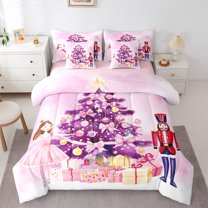 Manfei Christmas Nutcracker Bedding Comforter Set 7-Piece for Kid, Dreamy Princess Fairy King Bedding Sets, Xmas Tree Gift Reversible Bed Sheets, Lightweight Room Decor
