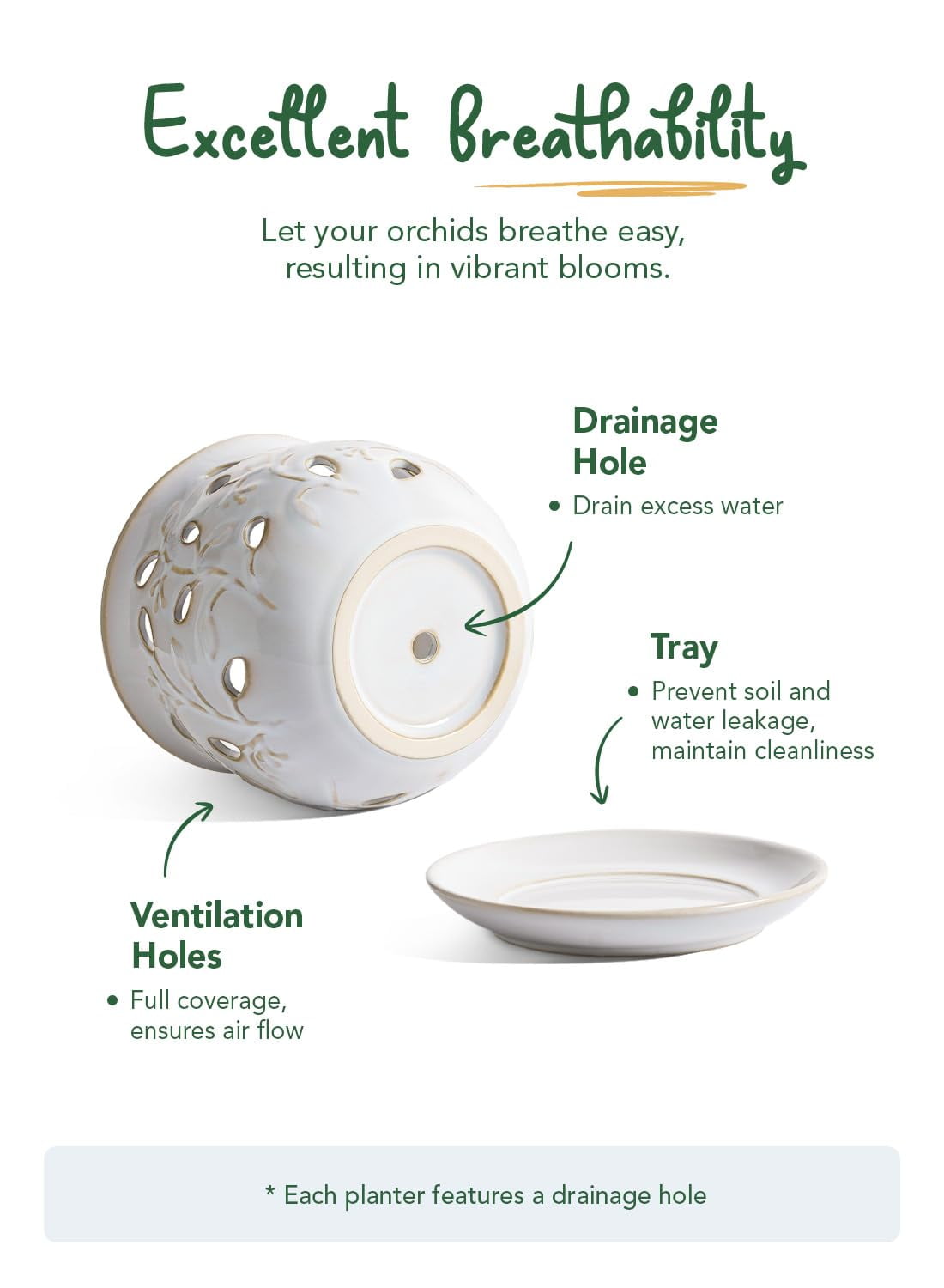 LE TAUCI Ceramic Orchid Pot,6.5" Ceramic Plant Pot with Holes and Saucer,Indoor Flower Pot for Orchid Repotting & Growing,Arctic White (Plant not included)