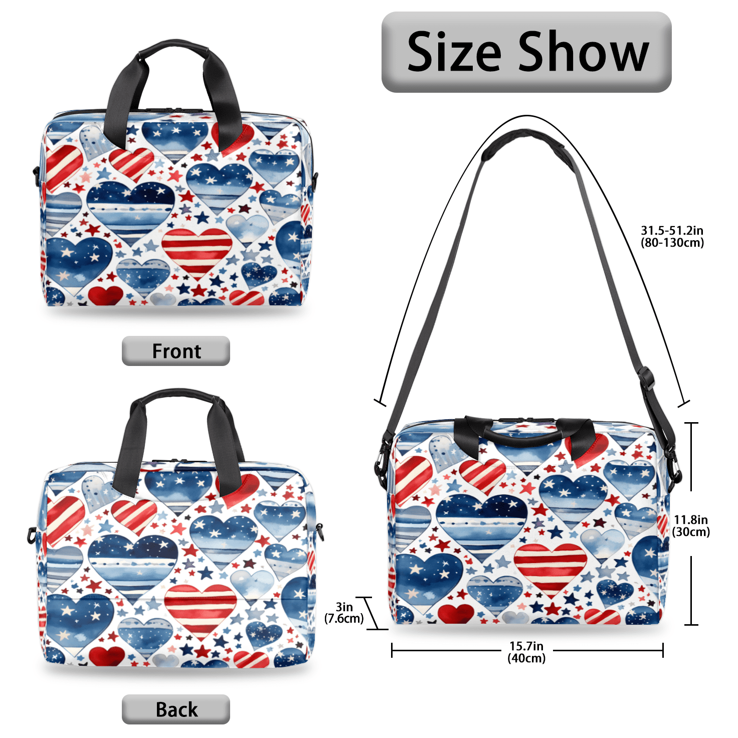 Herdesigns 4th Of July Heart Laptop Bag for Women Men, Computer Case Briefcase Messenger Bags, 15-15.6 inch Laptop Sleeve Shoulder Bag