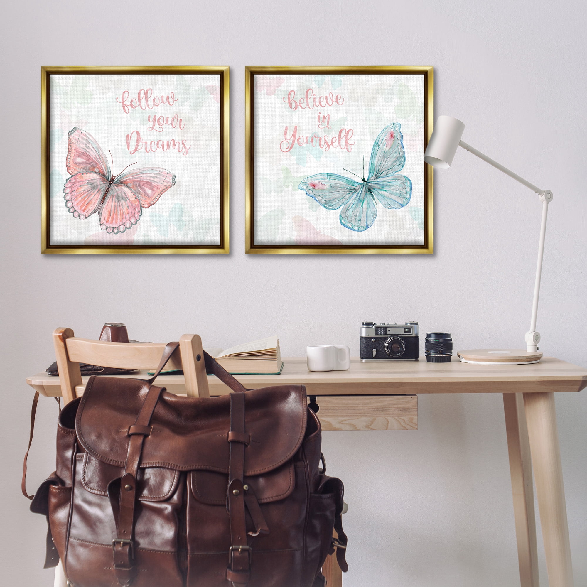 Stupell Industries Believe In Dreams Butterflies Animals & Insects Painting Gold Floater Framed Canvas Art Print Wall Art, 25 x 25, Set of 2