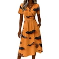 thumbnail image 4 of Halloween Dresses for Women Skeleton V Neck Pumpkin Casual Wedding Guest Dress Ghost Short Sleeve Fall Wrap Dresses 2XL, 4 of 5