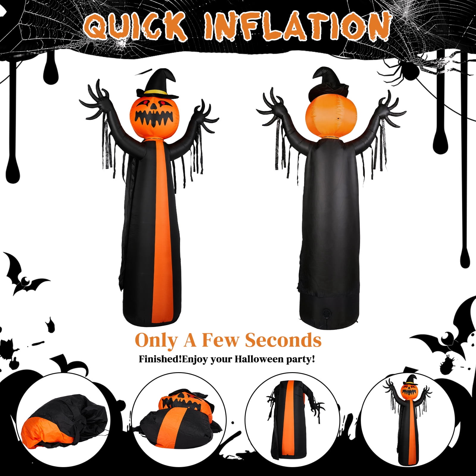 10ft Halloween Inflatable Pumpkin Ghost with Rotatable Head and 6 LED Lights