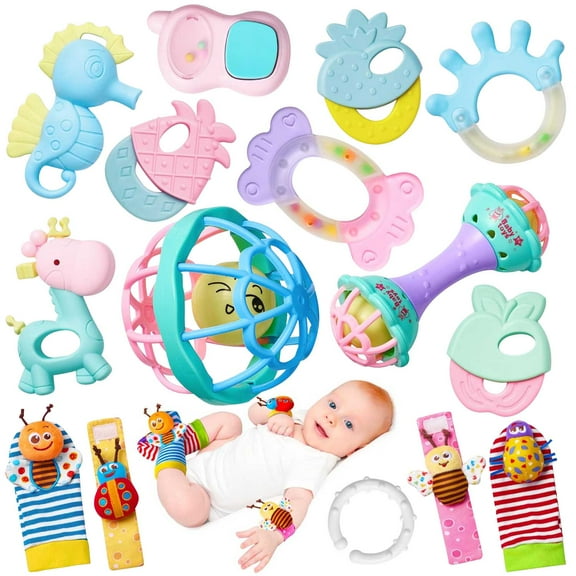 15PCS Baby Rattles Toys for 6-12 Months, Infant Newborn Baby Toys for 6-12 Months, Baby Teethers and Wrist and Ankle Rattle Toys 6 to 12 Months