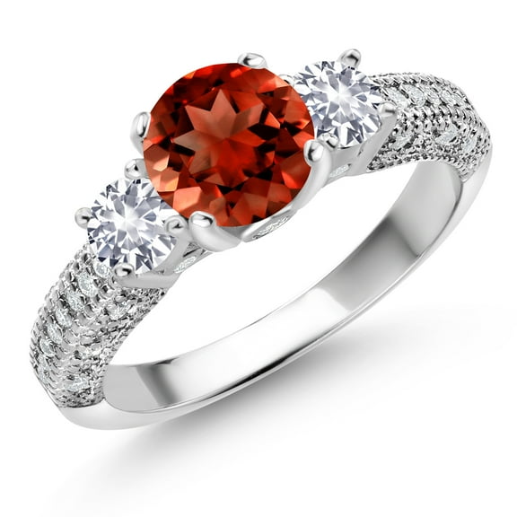 Gem Stone King 925 Sterling Silver Red Garnet White Created Sapphire and White Moissanite Engagement Ring for Women (2.08 Cttw, Gemstone January Birthstone, Round 7MM and 4MM, Size 8)