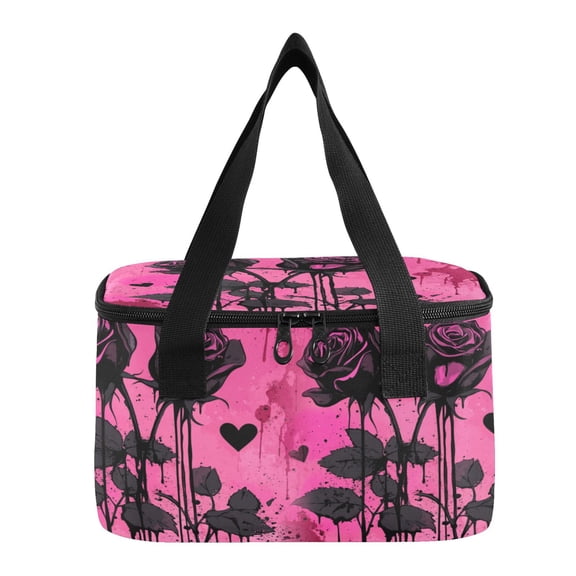 6L Insulated Lunch Bag Square Handheld Cooler Tote Black Drip Rose Art Reusable Thermal Bag with Polyester & Aluminum Lining for Work Picnic Travel