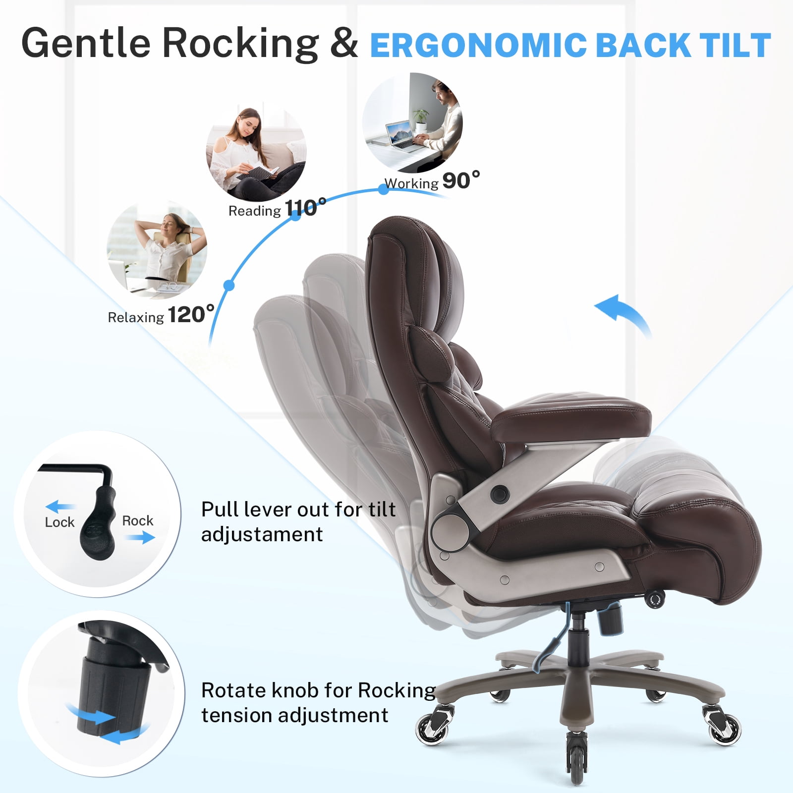 WOSDOM Big and Tall Office Chair 700lbs, Large High Back Executive Chair with Extra Wide Seat, Heavy Duty Rocking Computer Chair, 3D Flip Arms, Adjustable Lumbar Support, Brown