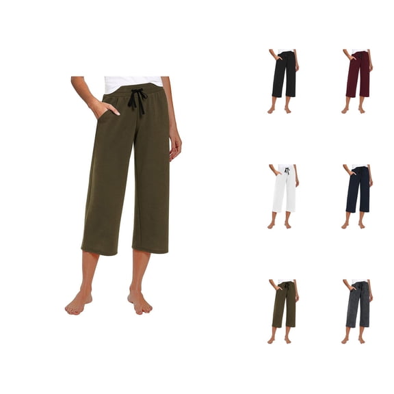 Capri Pants for Women Summer Casual Elastic Waist Wide Straight Leg Cropped Sweatpants with Pockets
