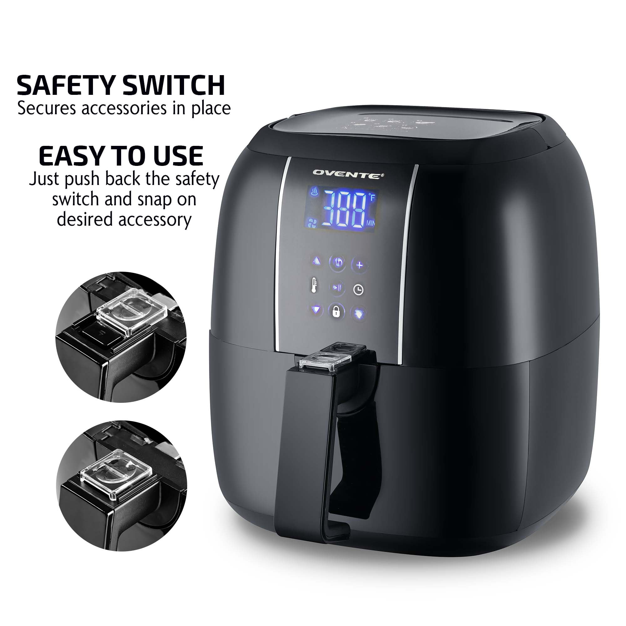 OVENTE Compact Air Fryer, 3.2 Quart Electric Hot Cooker with 1400W Power, Digital LED Touch Screen, Auto Shutoff, Dishwasher Safe Non-Stick Basket, Perfect for Healthy & Oilless Food, Black FAD61302B