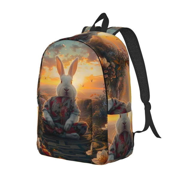 Balery Flower Meditating Rabbit Mochila Clásica Impresa Básica para Viaje, Mochila Escolar Resistente al Agua, Mochila de Lona con Correas Ajustables-Medium