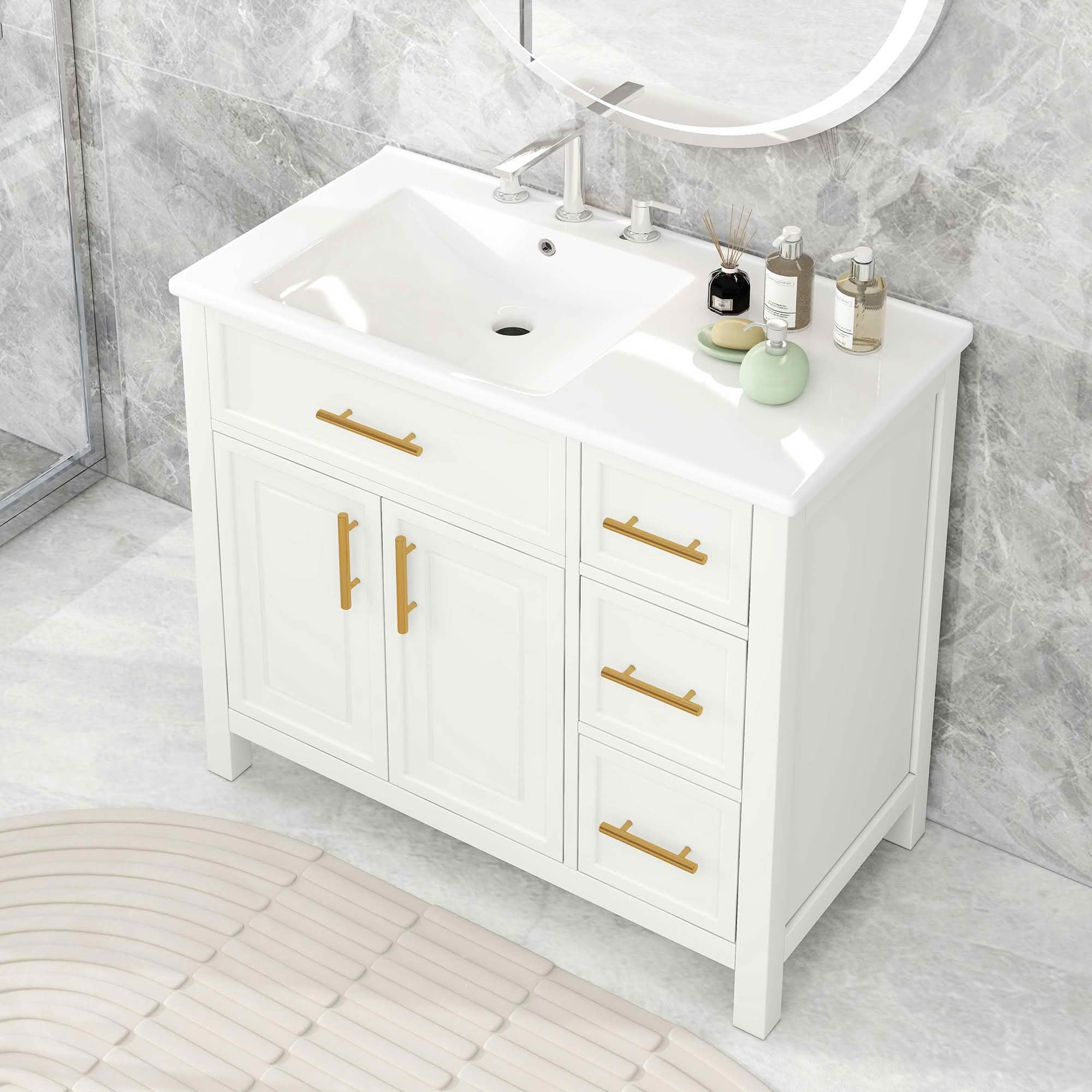 MAYEERTY 36" Bathroom Vanity with Sink Top 2 Doors 3 Drawers Solid Wood MDF White