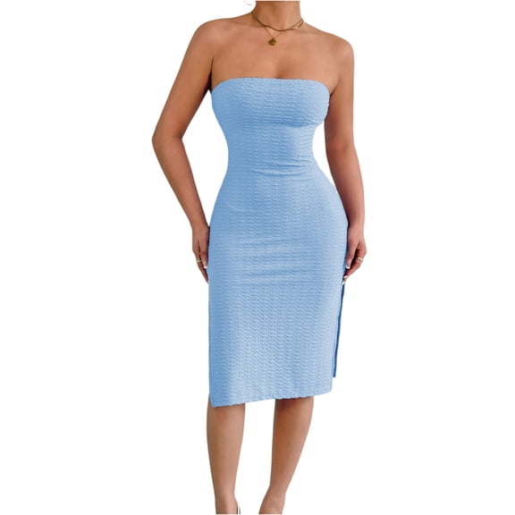 Delconic Women’s Strapless Bodycon Tube Dress Sleeveless Slim Fit Knee Length Textured Fabric Casual Wear Light Blue M