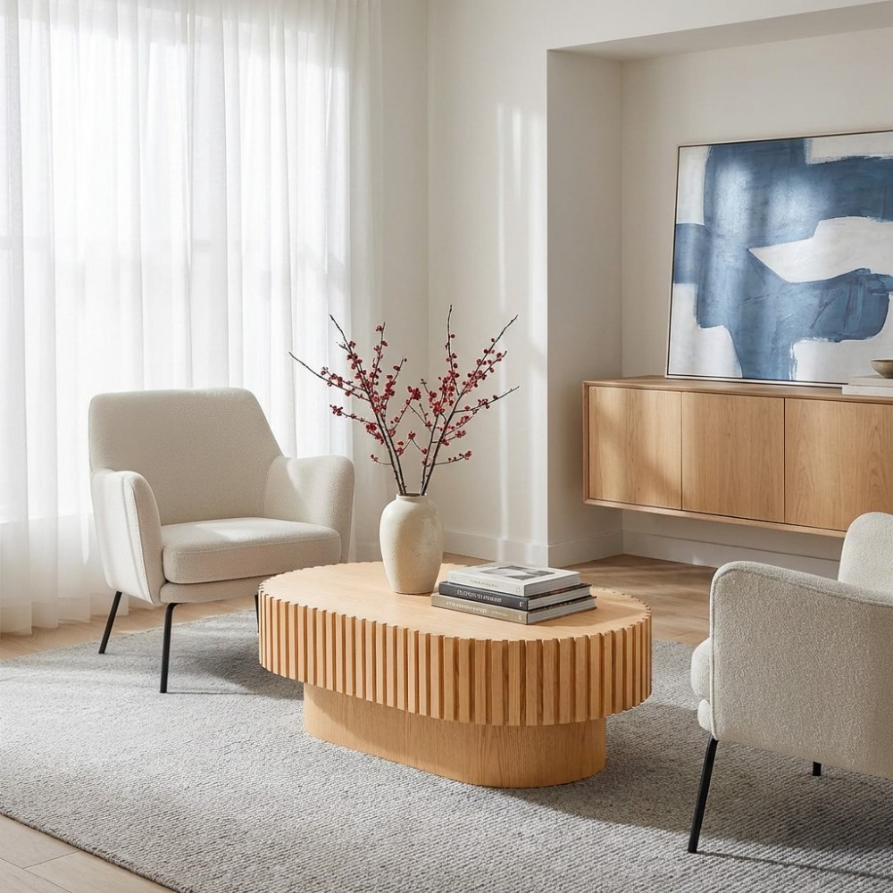Oval Coffee Table, Mid Century Modern Fluted Coffee Table with Pedestal, Natural Wood Center Table for Living Room, Apartment, Office, Small Space