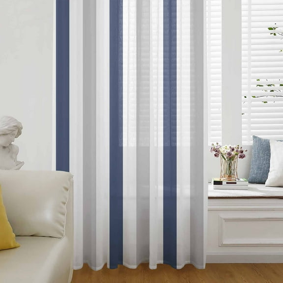Navy Blue Striped Semi Sheer Curtains Drapes for Living Room,Bedroom,French Doors Window 108 Inches Long,Geometric Grey White Vertical Stripes Rod Pocket Chiffon Curtain Drapery Voile Drape Panel