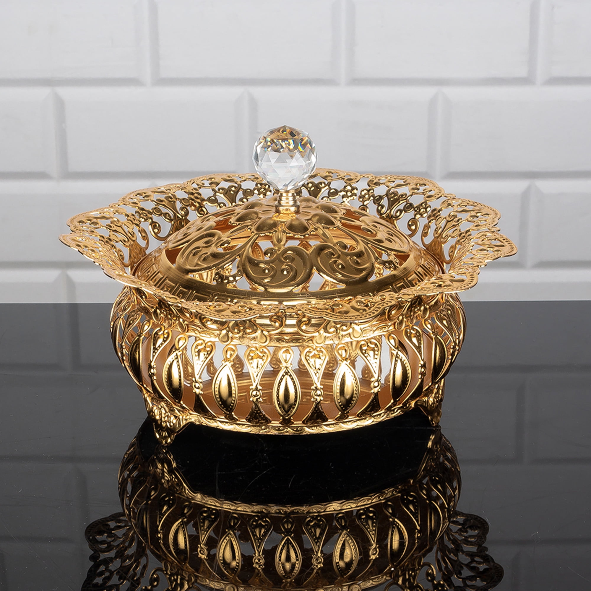 Puremagics Handgeschilderde Gouden Ronde Kristalglas Fruit Footed Bowl