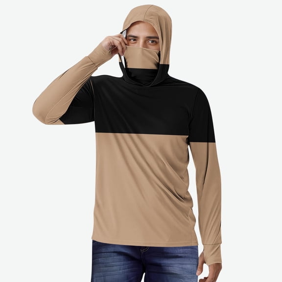 Xdegoge Men's Fishing Hoodie Color Block Long Sleeve Sun Protection Shirt with Built-in Face Mask Rash Guard Top UPF 50 Hiking Outdoor Performance Beachwear