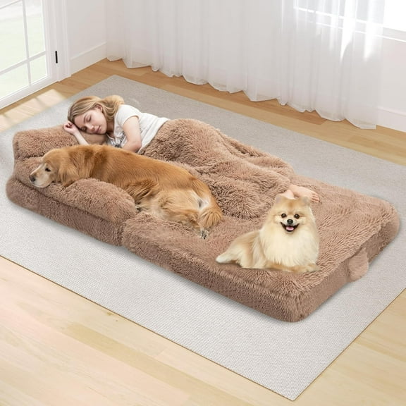 79" Foldable Human Dog Bed for Adults, Fluffy Faux Fur with Blanket, Orthopedic Washable Dog Bed with Memory Foam Dog Bed and Water Repellent Liner Extra Large Thick for Pet
