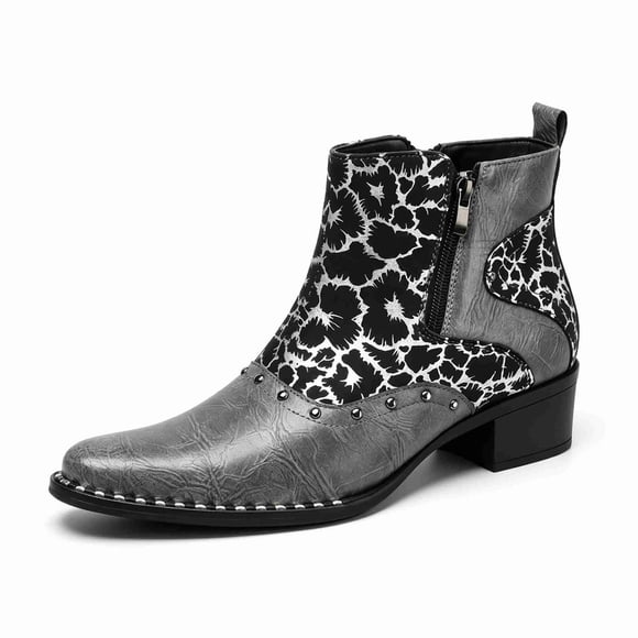 Men's Western Vintage Style Ankle Boots, Pointed Toe Cowboy Boots with Leopard Print, Floral Print Side-Zip Boots, Block Heel Dress Boots for Men