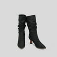 thumbnail image 4 of Women's Denim Slouchy Knee High Boots Winter Pointed Toe Kitten Heel Mid Calf Boots Fashion Leather Wide Calf Boots Black Size 6, 4 of 6