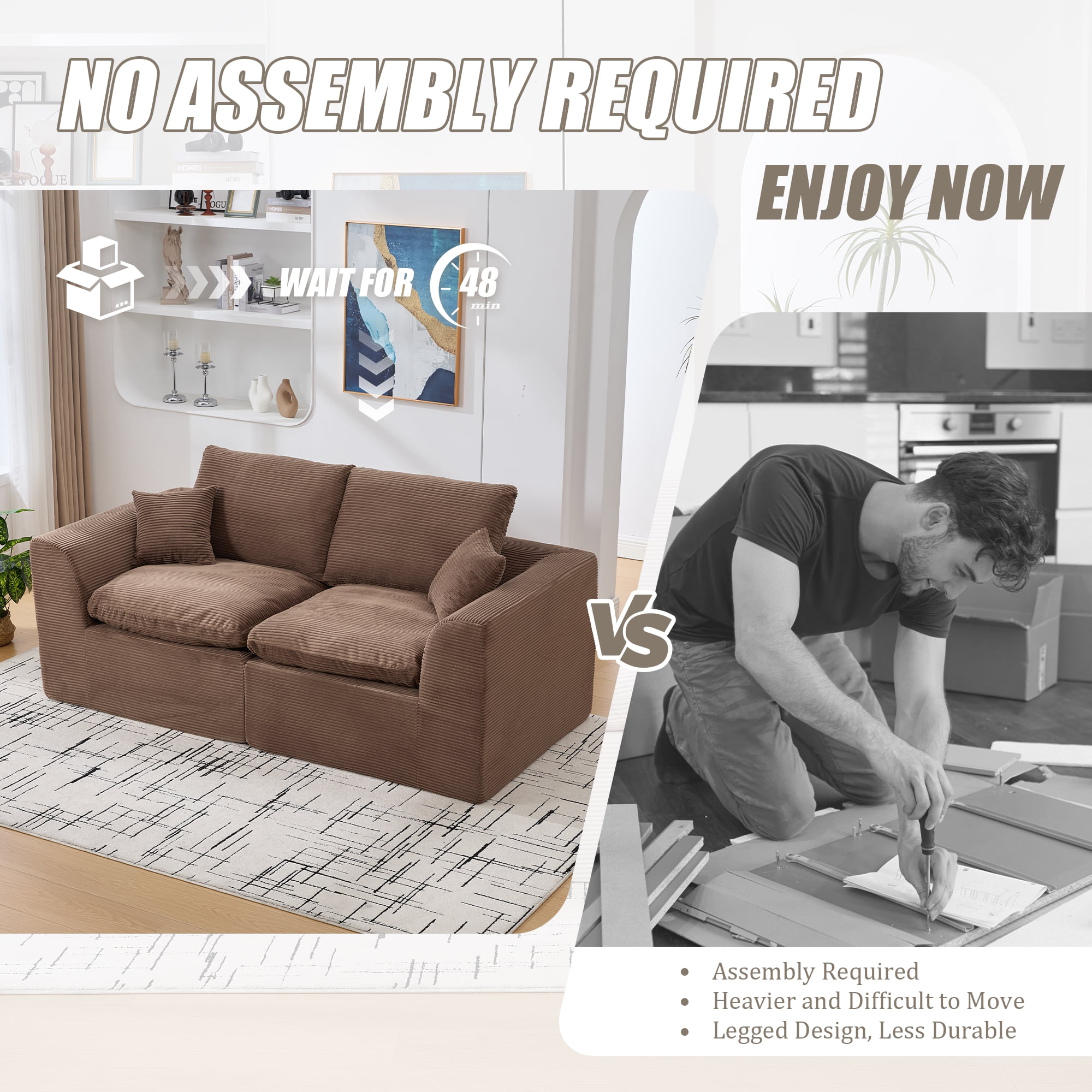 MOONMISS 80.3" Oversized Modular Sofa, Upholstered Corduroy 2 Seat Deep Seat Cloud Couch for Living Room Bedroom, No Assembly Required,Brown