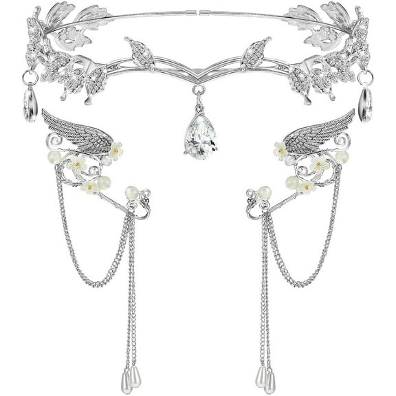 3 Pcs Elegant Rhinestone Leaf Crown & Pearl Elf Ear Cuffs, Alloy Metal Headband for Women’s Fairy Costume, Wedding, Cosplay Events