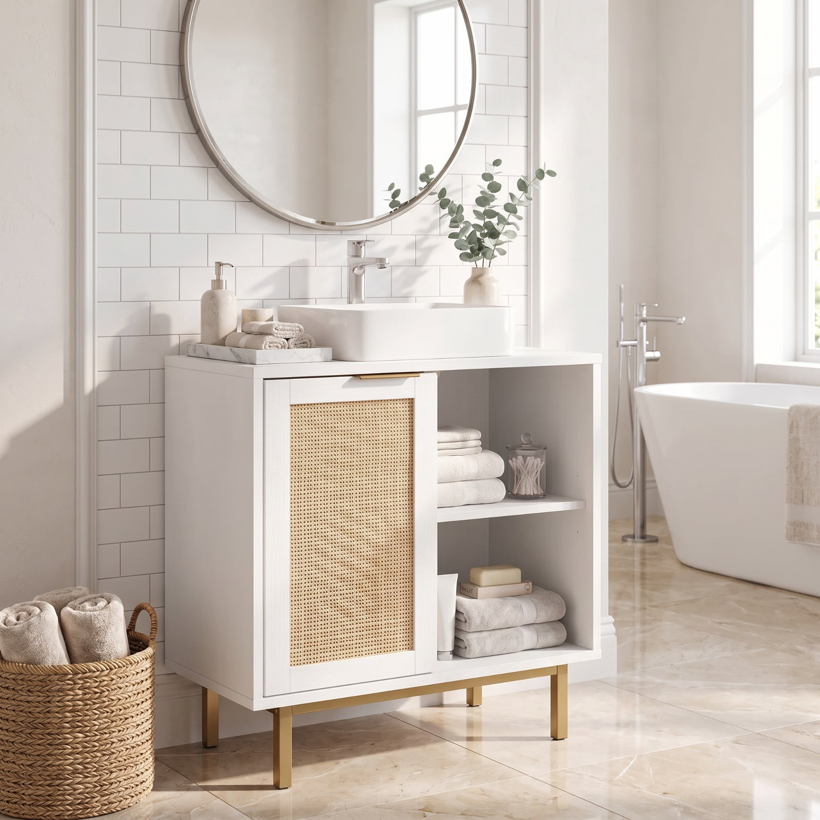 Vebreda Freestanding Bathroom Storage Cabinet, Bathroom Vanity Cabinet with U-Shaped Cut-Out 2 Rattan Doors and Shelf, Hidden Sink Organizer